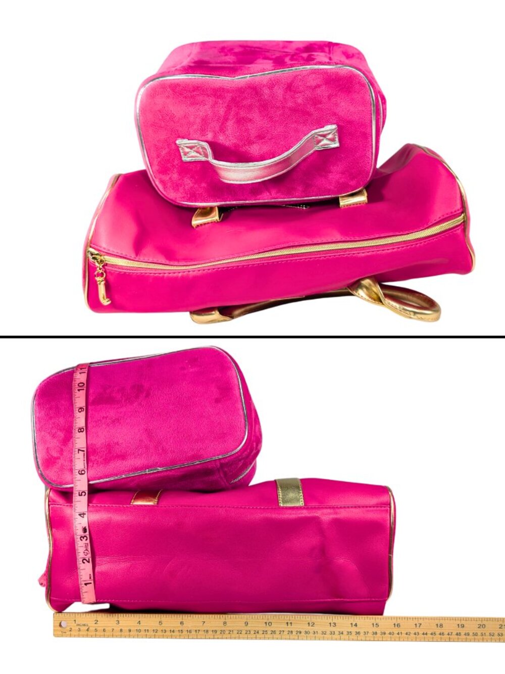 Juicy Couture Hot Pink 2-Piece Travel Gym Overnight Duffel Velour Cosmetic Bag - Picture 6 of 11